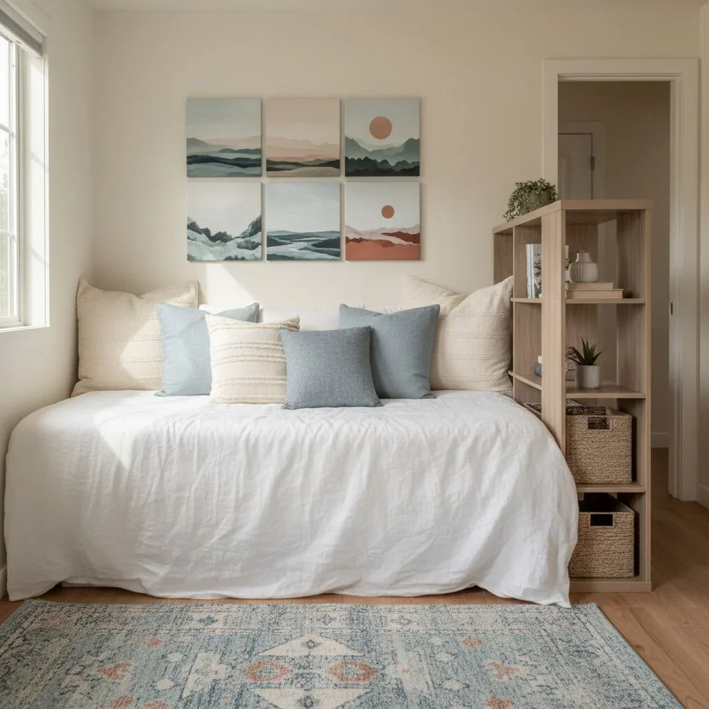 Cozy bed-living combo with art and open shelving