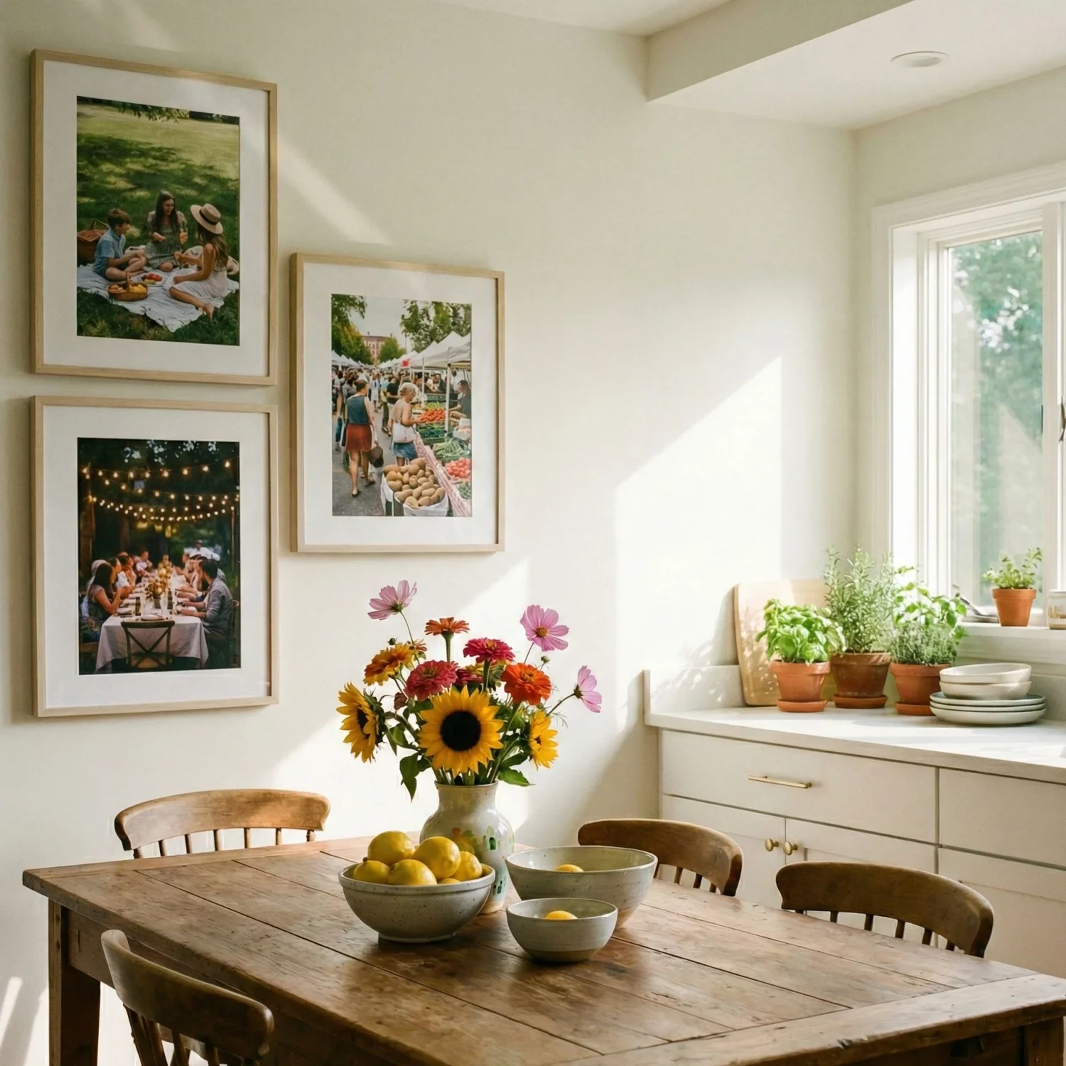 Sunlit dining area with rustic table and lifestyle photo gallery