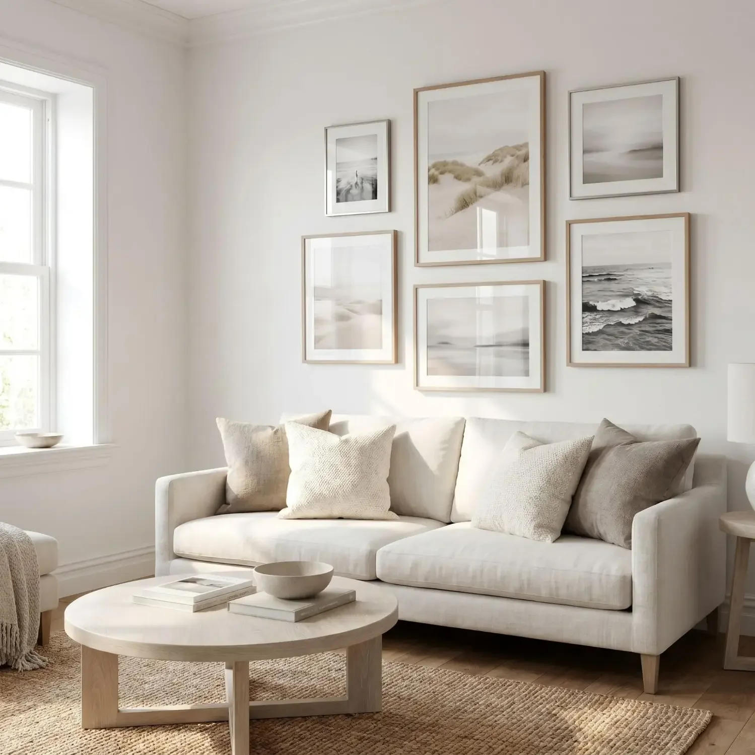 Neutral coastal framed seascape art in living room