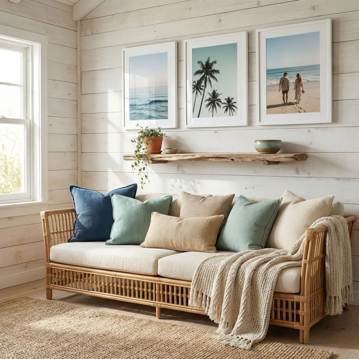 Coastal boho room with beach scene framed photos