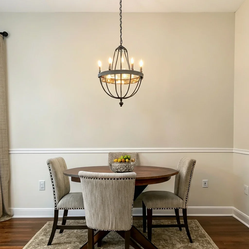 Diagram of a dining room centered to align with the chandelier and sideboard for visual balance.