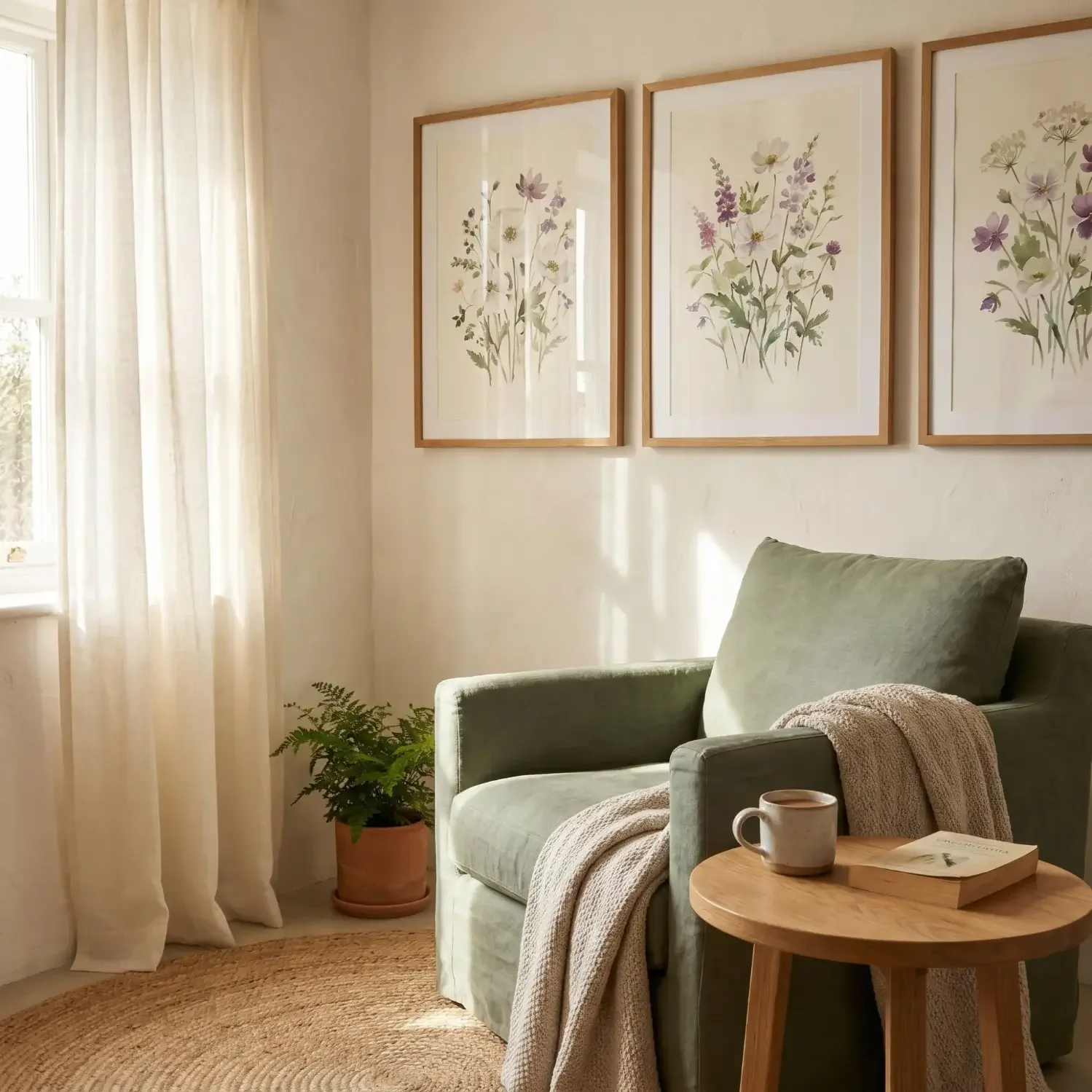 Watercolor wildflower art in a cozy reading nook