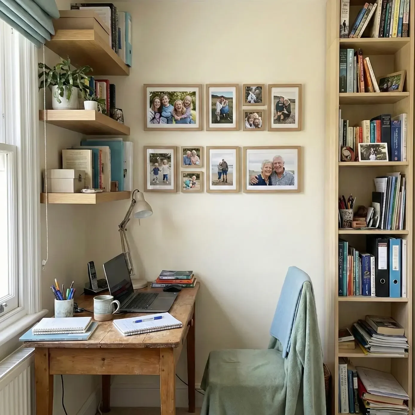 Small home office with wooden desk, photo wall, and bookshelves.
