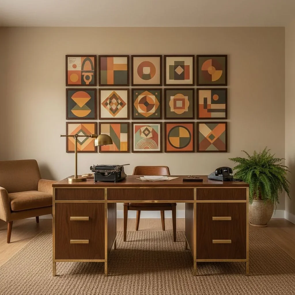 Warm 1970s home office with wood, brass, and art grid