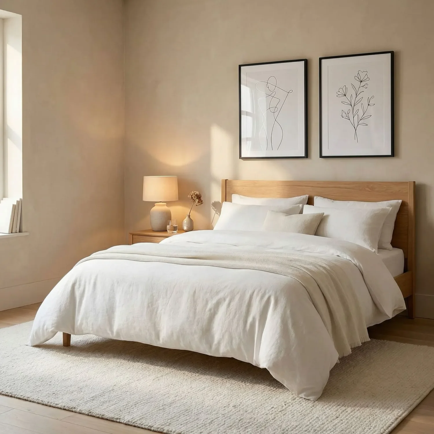 Minimalist line art framed photos above bed