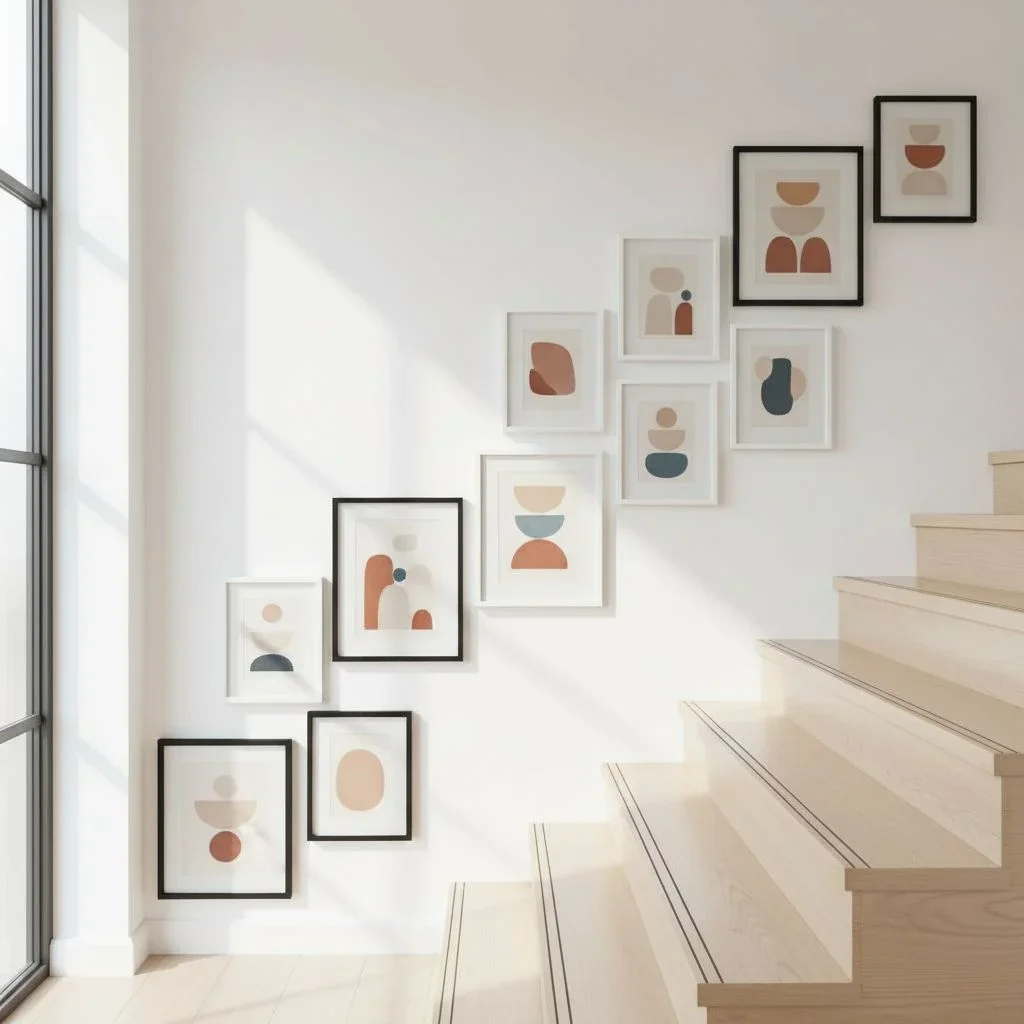Staircase with diagonal gallery wall arrangement