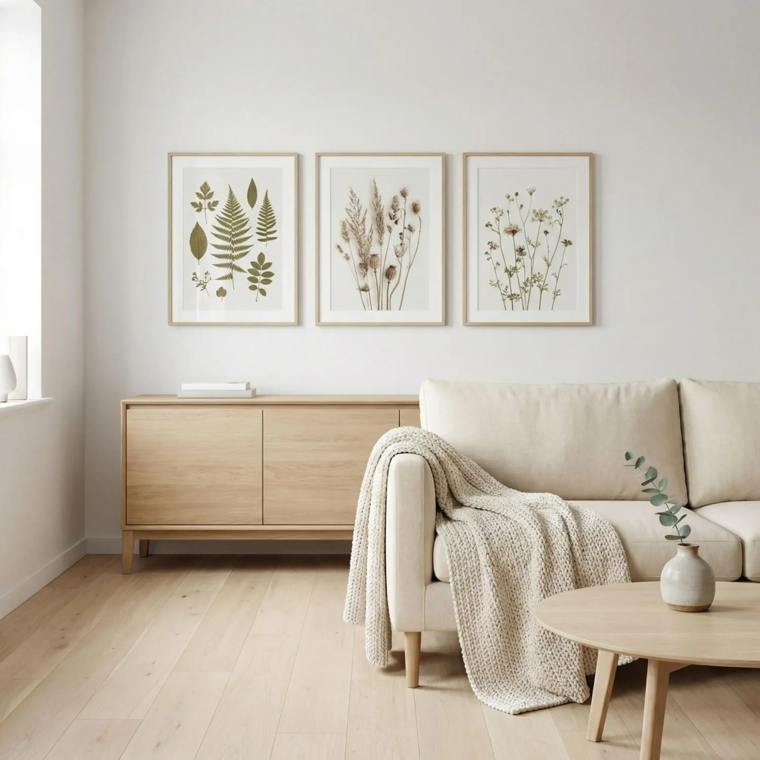 Scandinavian living room with botanical framed photos