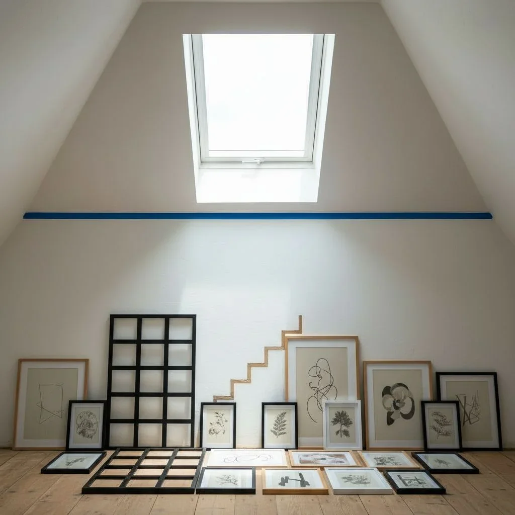 Testing gallery layouts on the floor in an attic