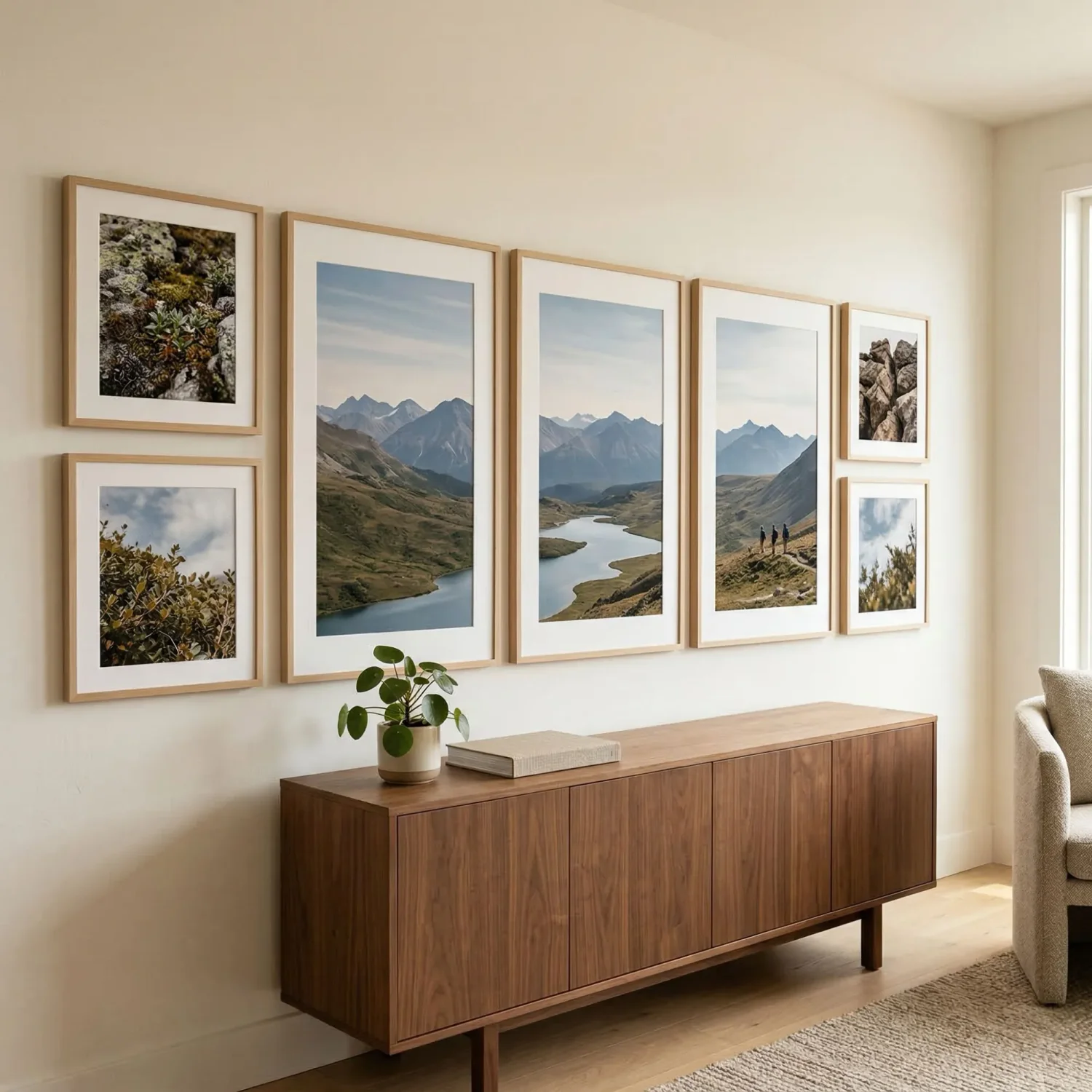 Triptych framed photo panoramic gallery wall layout