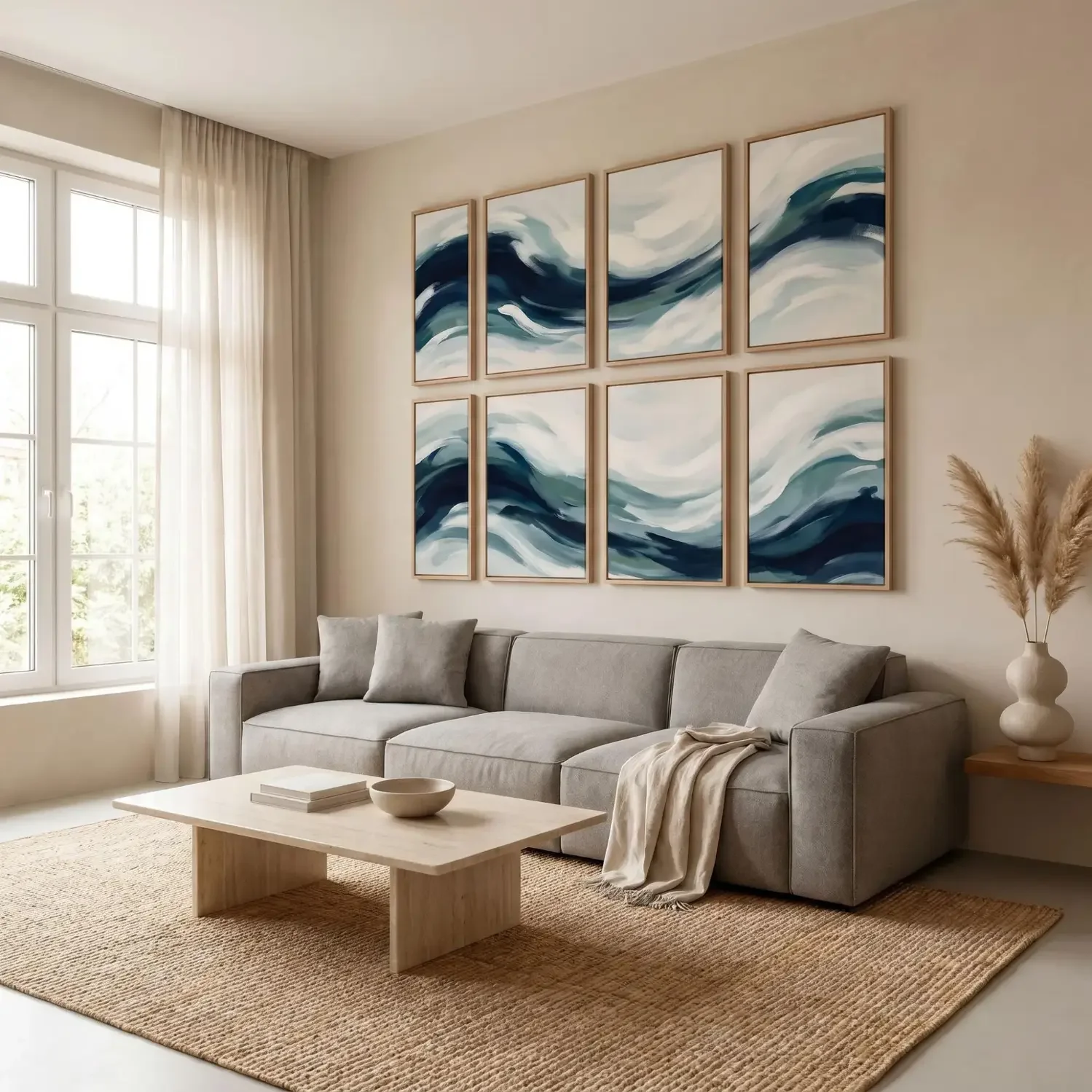 Abstract wave art framed photos in minimalist interior