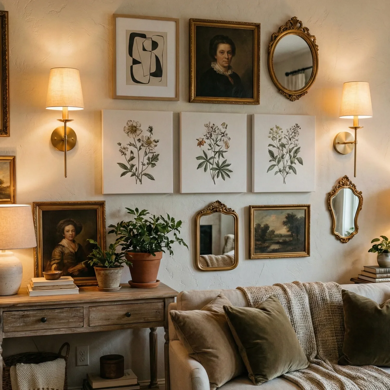 Cozy living room corner with framed art , sconces, and plants.