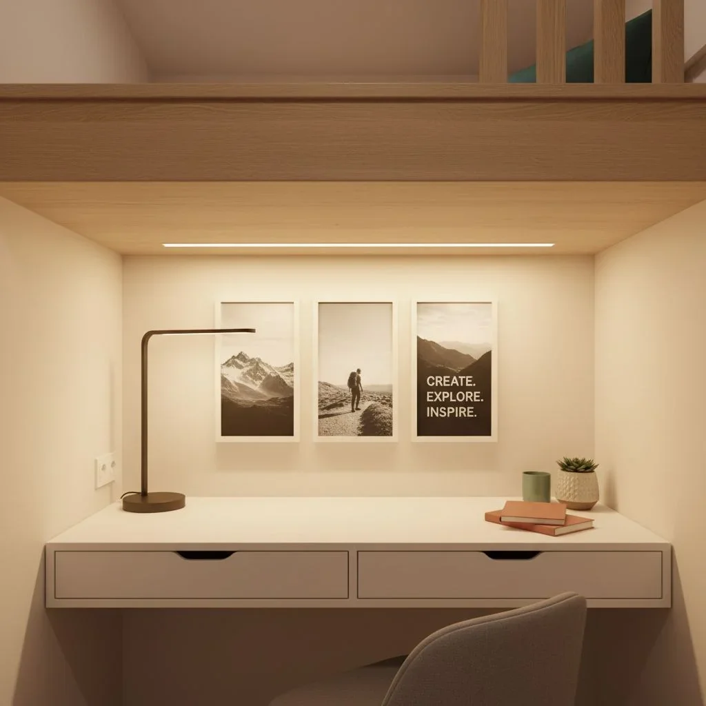 Efficient tiny workspace with vertical art and clean desk