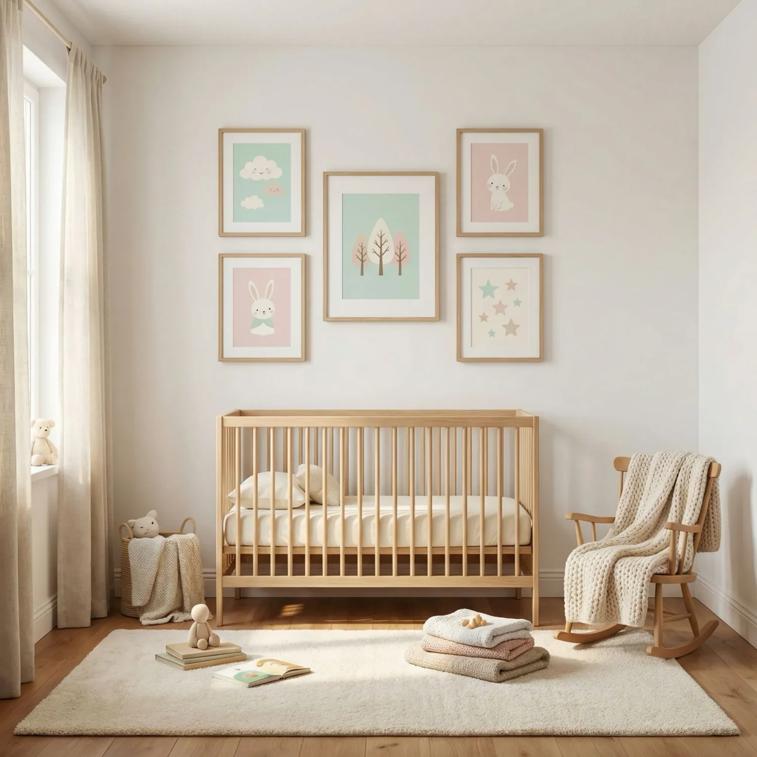 Five piece canvas wall art in a cozy nursery
