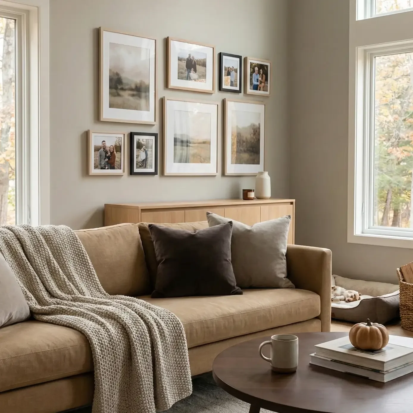 Cozy living room with gallery wall and neutral sofa