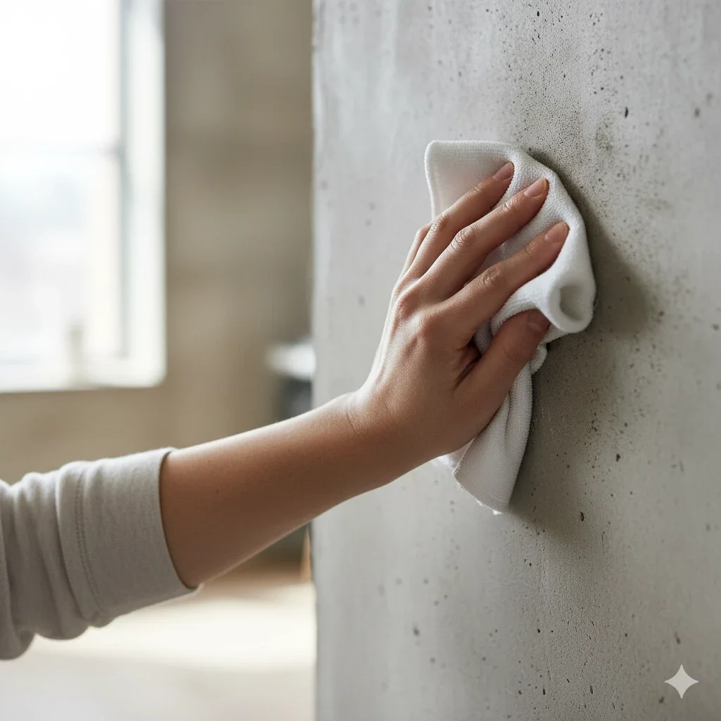 hand wiping concrete wall with soft cloth