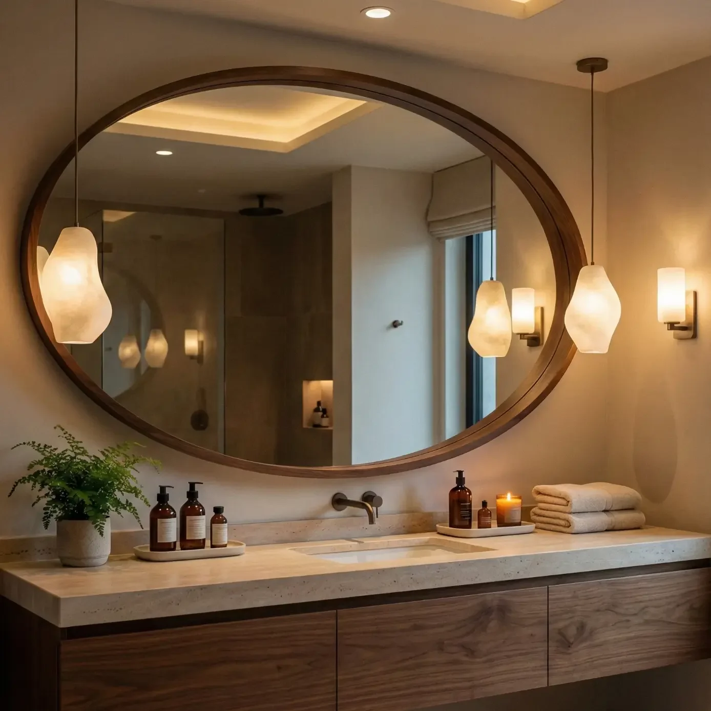 Modern bathroom vanity with large round mirror and pendant light