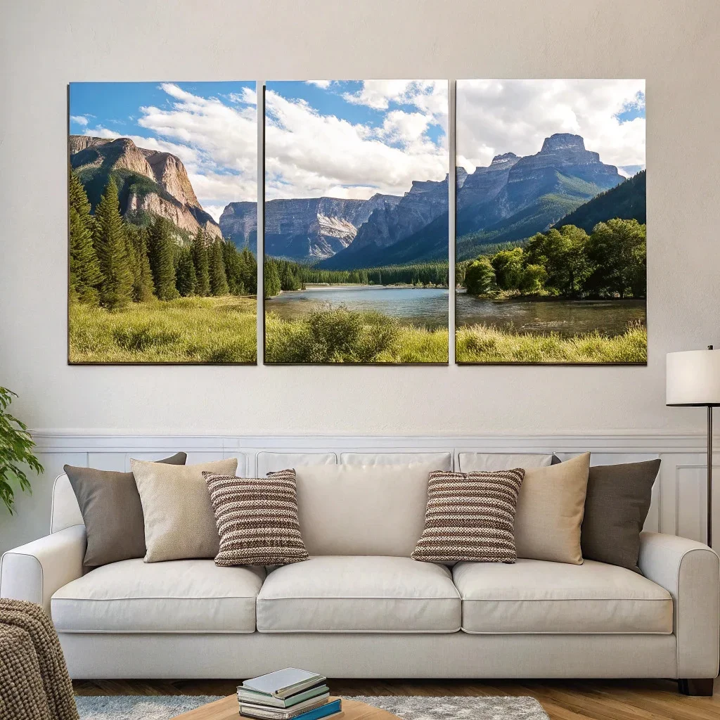 Three-panel triptych hung above a sofa, aligned evenly to create a wide panoramic visual effect.