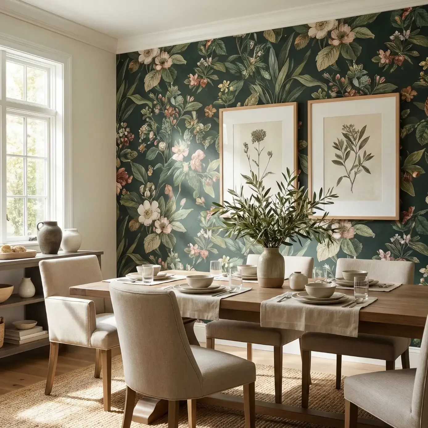 Bright dining space with botanical accent wall and framed art