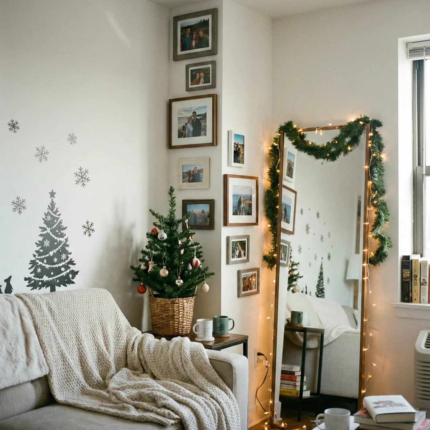 Cozy corner with mini christmas tree and lit garland mirror