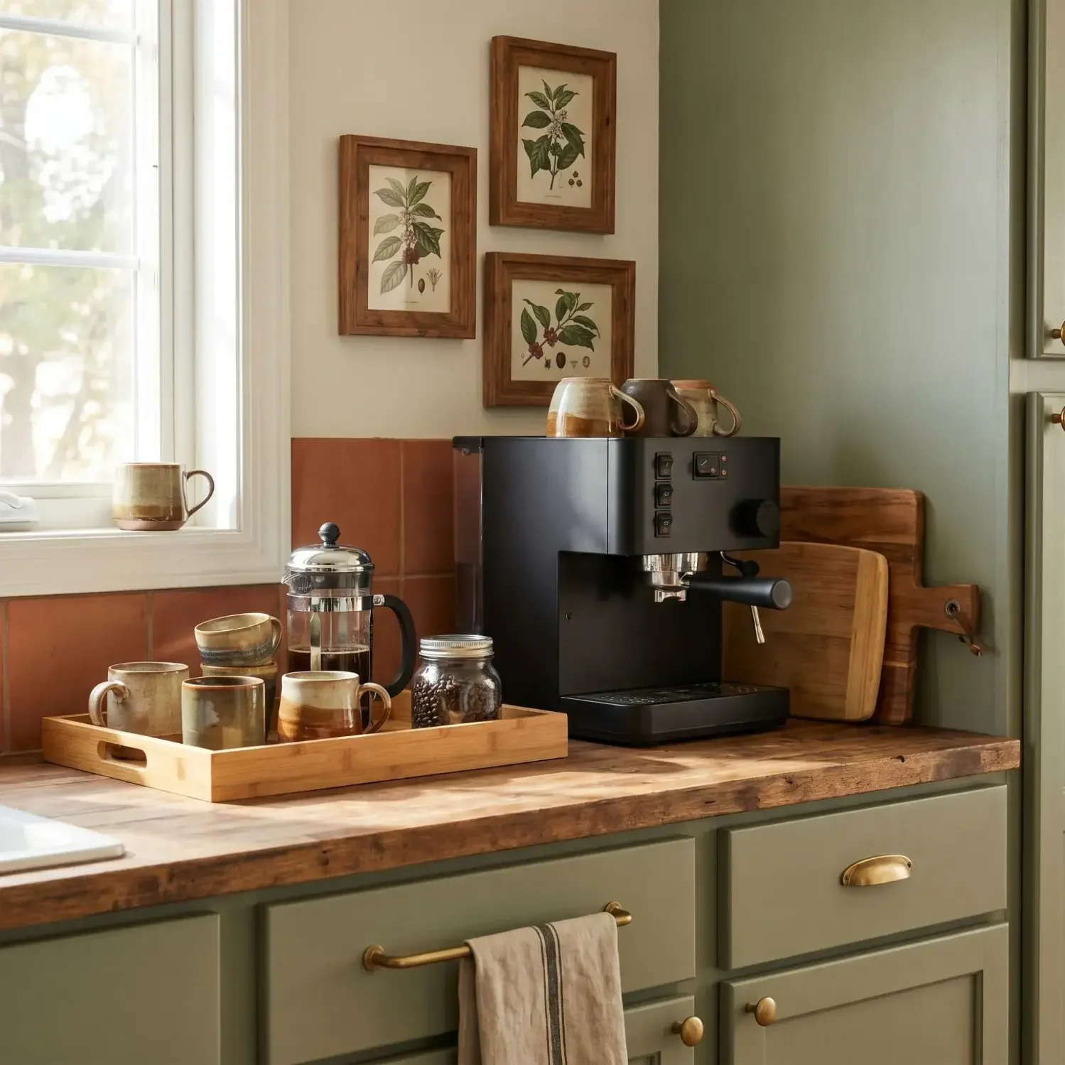 Framed coffee art above kitchen coffee station