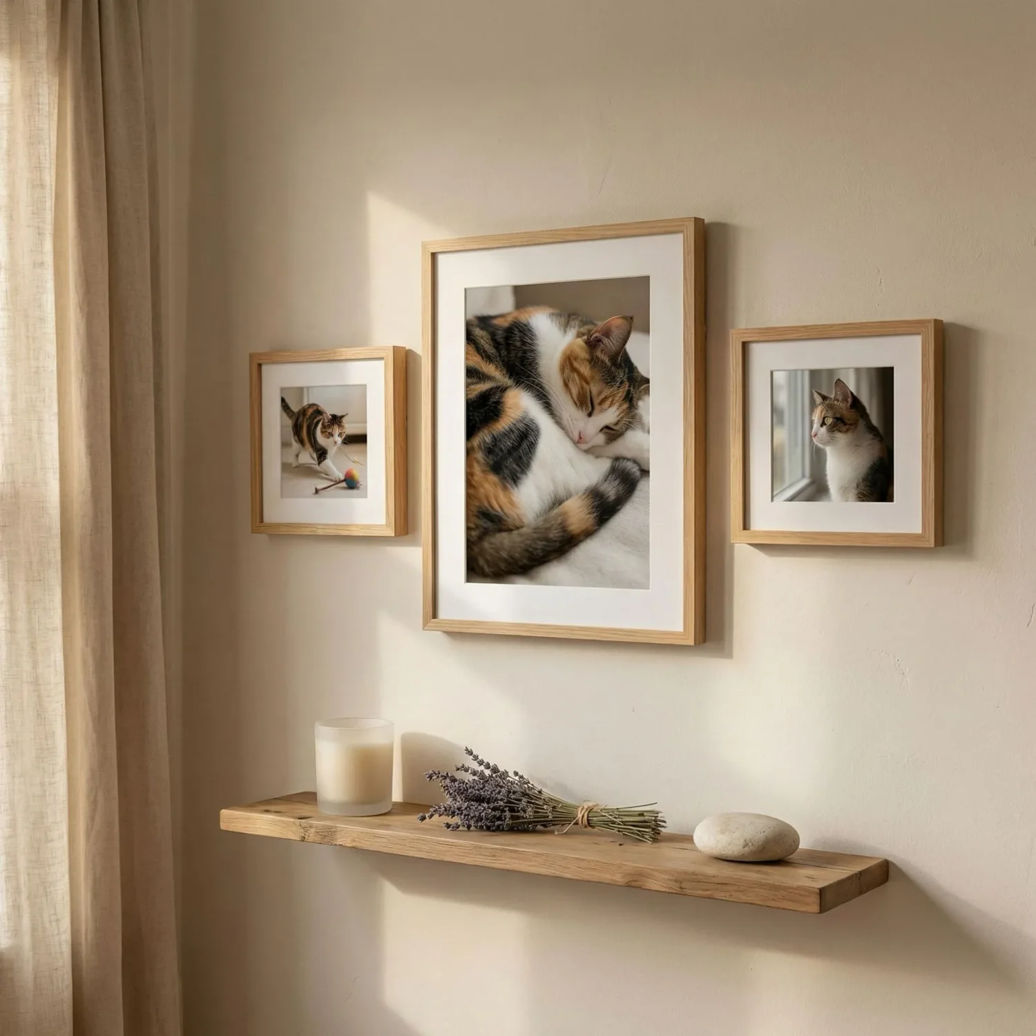 Pet memorial corner with neutral framed cat photos