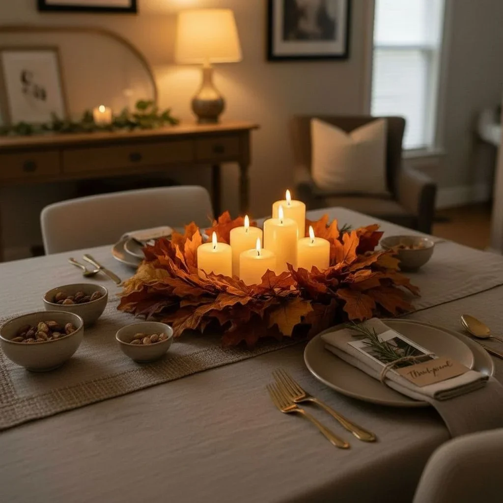 A table runner, candles, and Thanksgiving-themed leaf arrangement.