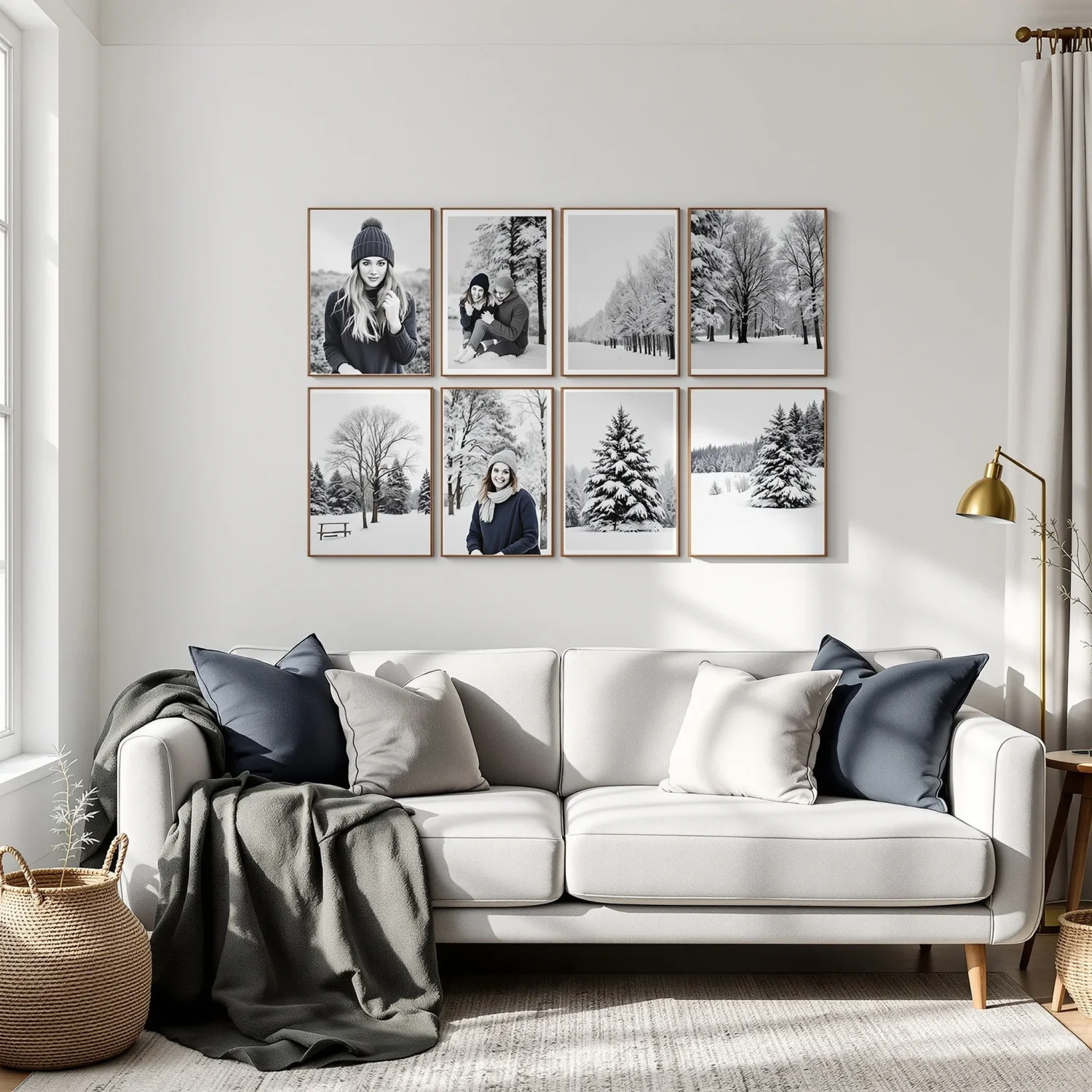 Cozy winter living room with soft white and greige walls, navy and slate pillows, a forest-green throw, and natural oak accents. A simple gallery of Mixtiles with wood-tone frames hangs above a sofa, combining black-and-white portraits and snowy landscapes for a calm, balanced winter palette.