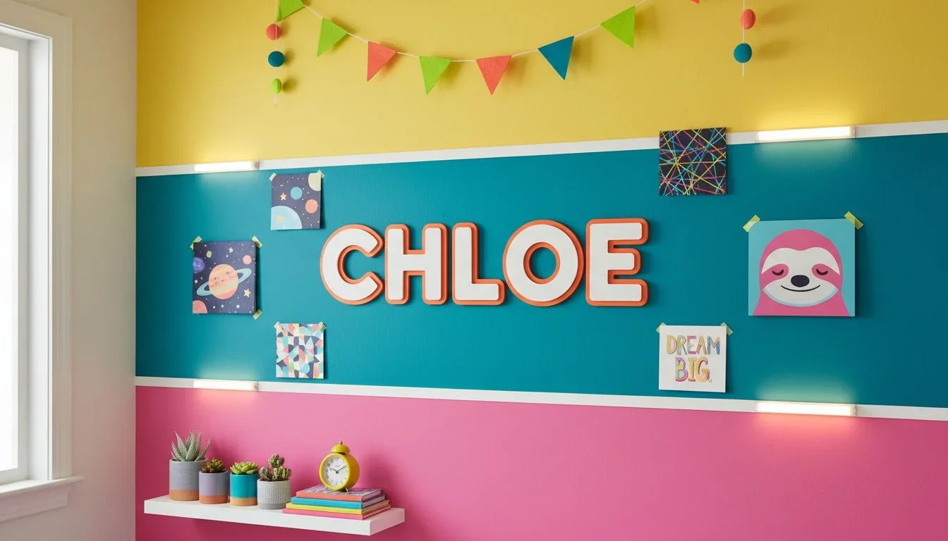 Kids’ room with bold colors and personalized art