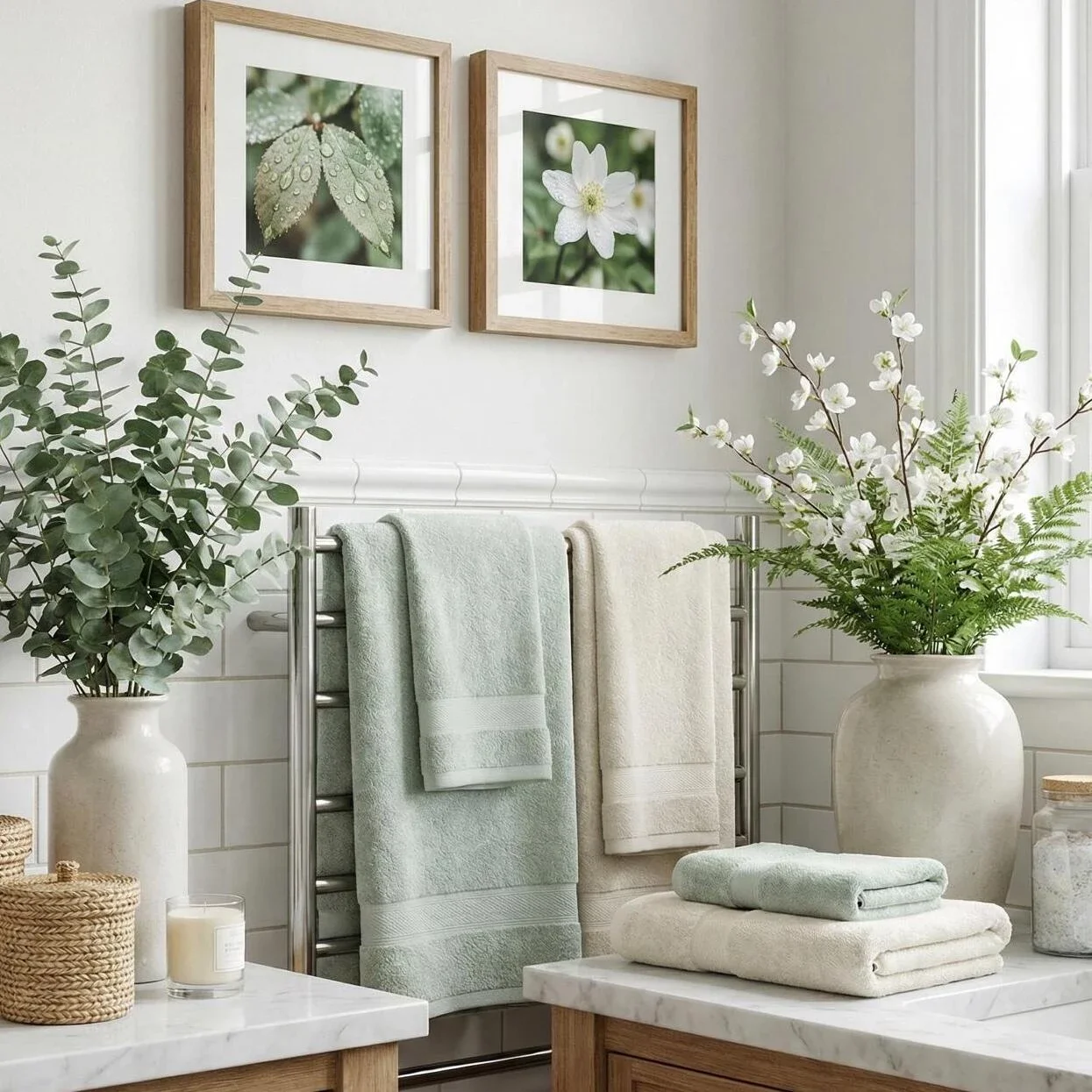 Fresh bathroom with soft towels, greenery, and botanical art