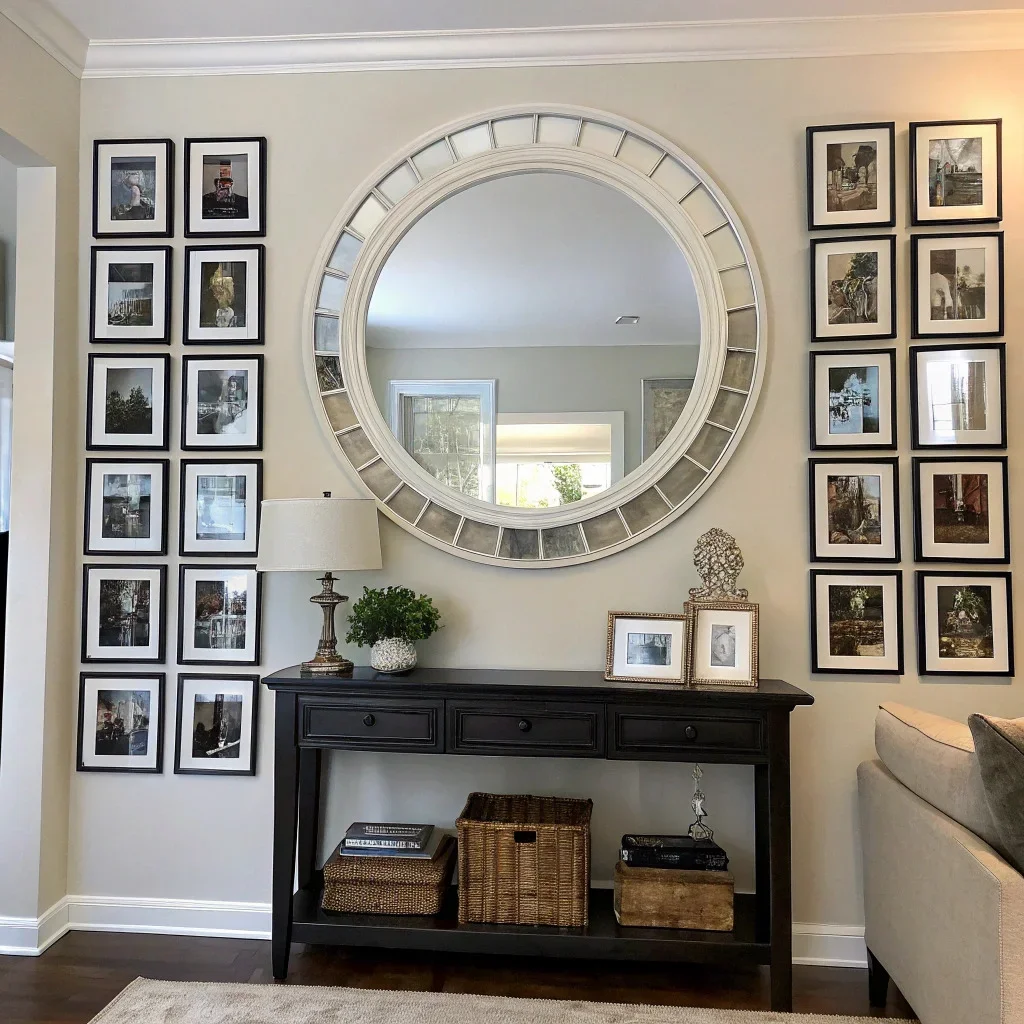 Centered wall mirror flanked by symmetrical stacks of framed photos, balancing light and visual weight.