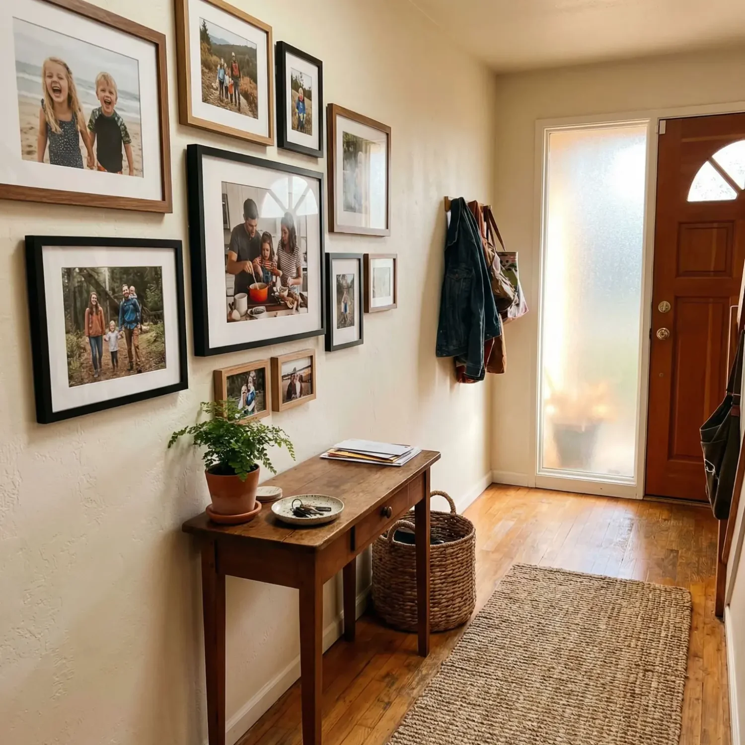 Entryway gallery wall with candid family framed photos