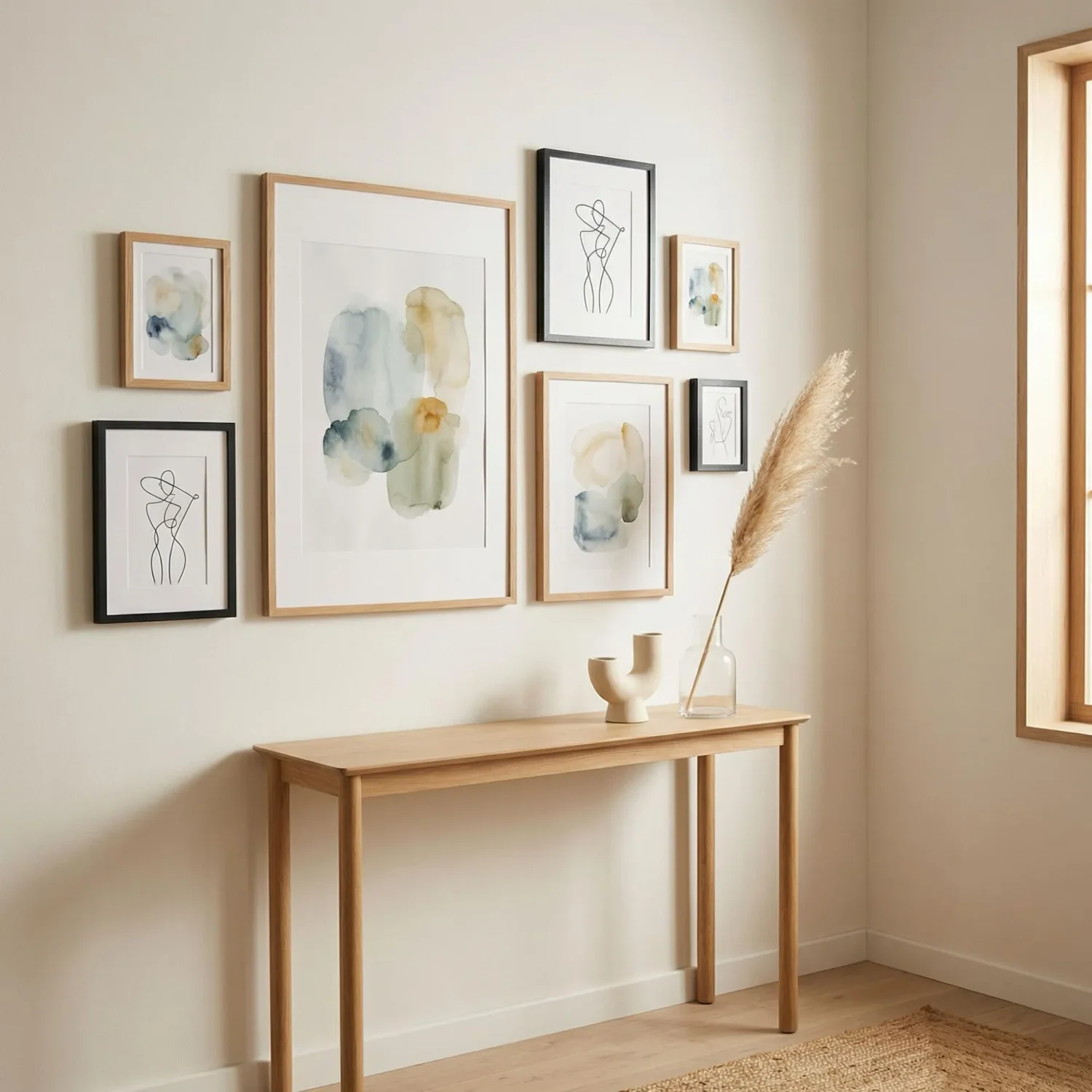 Asymmetric gallery wall in Scandinavian home decor