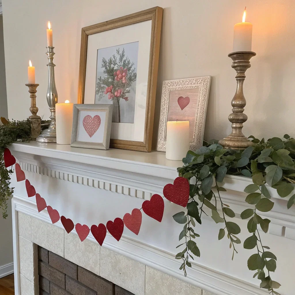 Cozy Valentine’s mantel with staggered candles, framed prints, a felt heart garland, and sprigs of eucalyptus for soft movement.