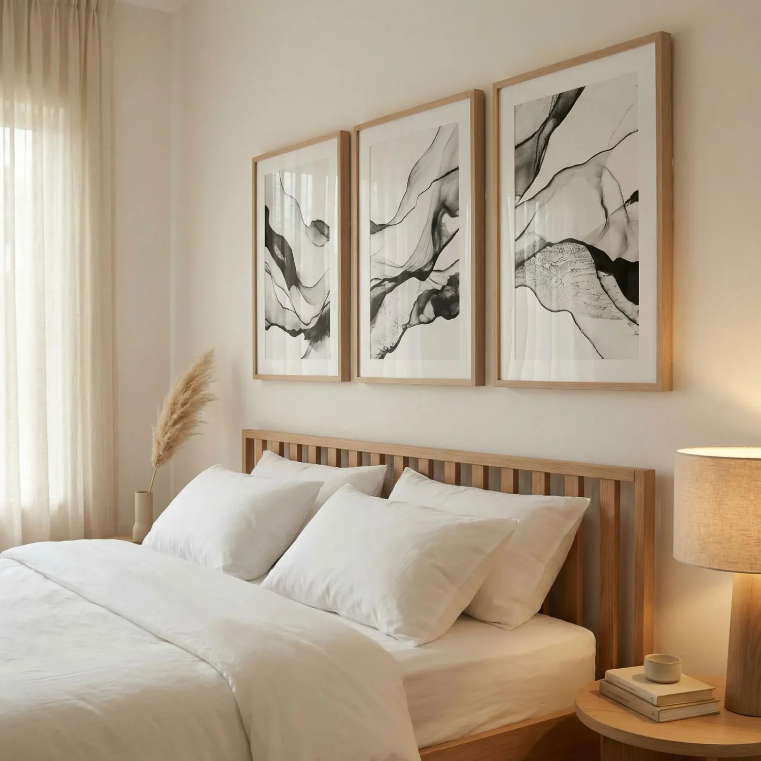 Grid gallery wall framed photos above bed decor