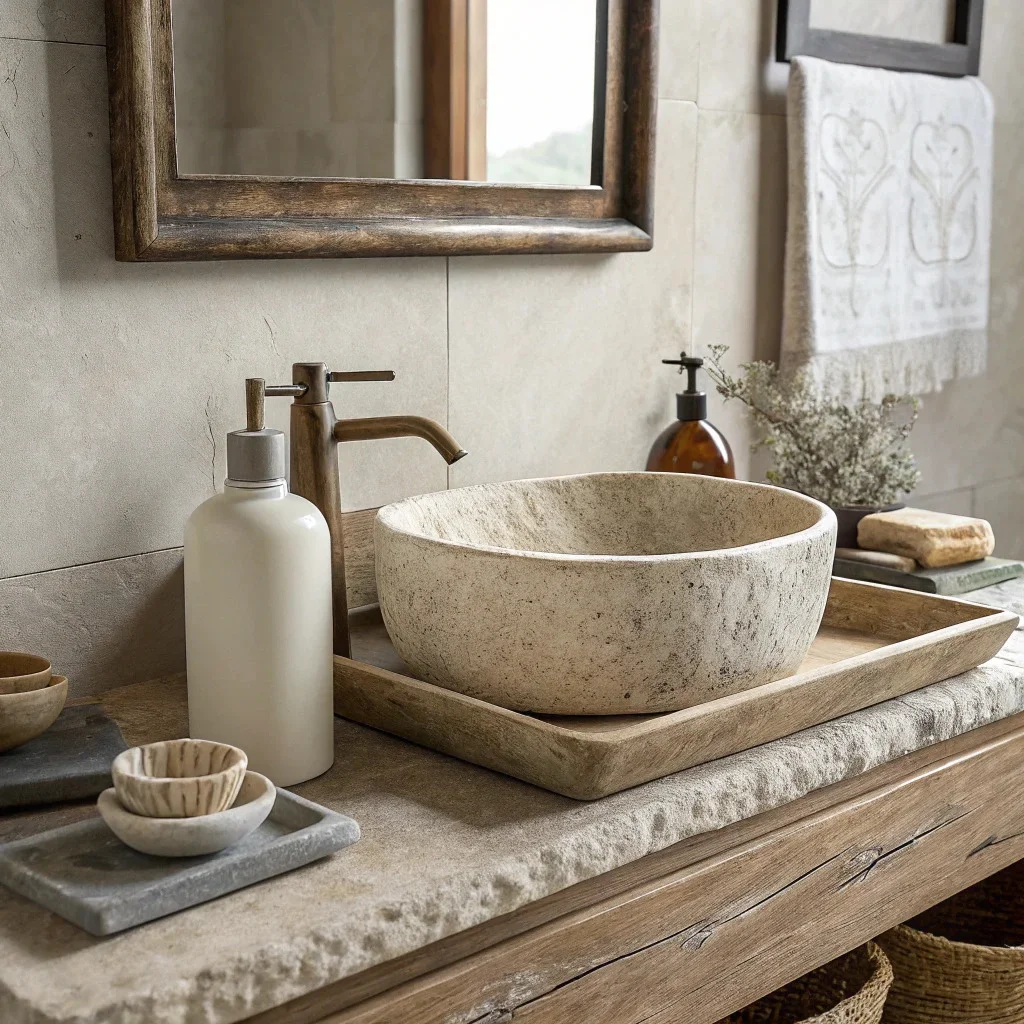 ceramic tiles, stone sinks, and lighter colors are currently trending bathroom home ideas.