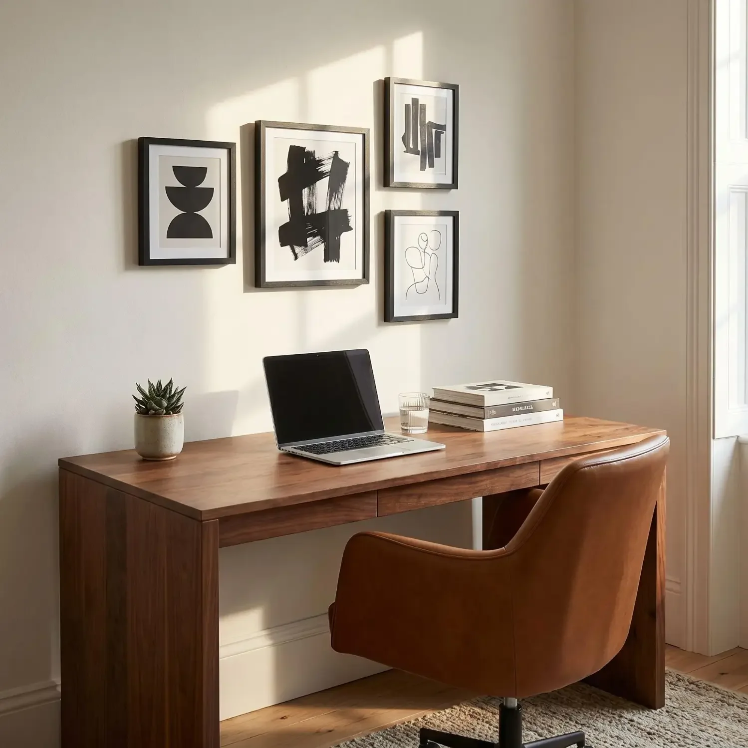 Home office desk with black and white abstract wall art
