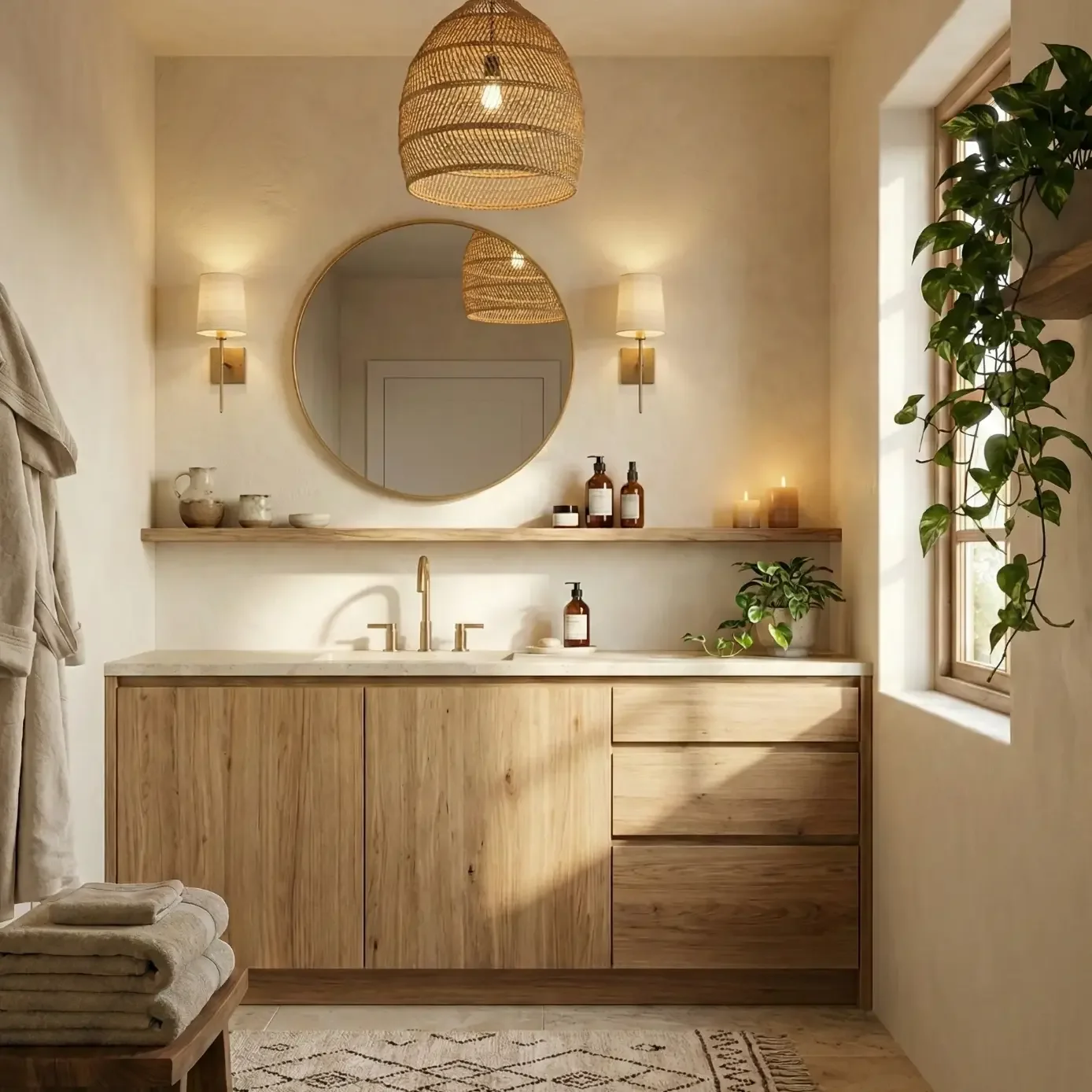 Sunlit bathroom vanity with round mirror and woven pendant