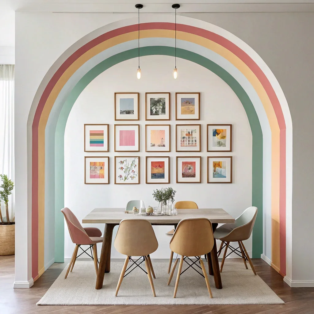 Dining room wall painted with a color-block arch containing a centered gallery grid.