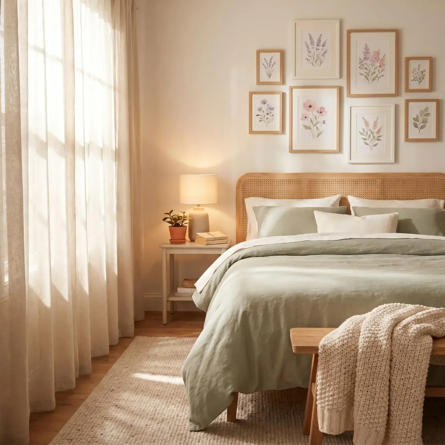 Bedroom wall with watercolor wildflower framed prints