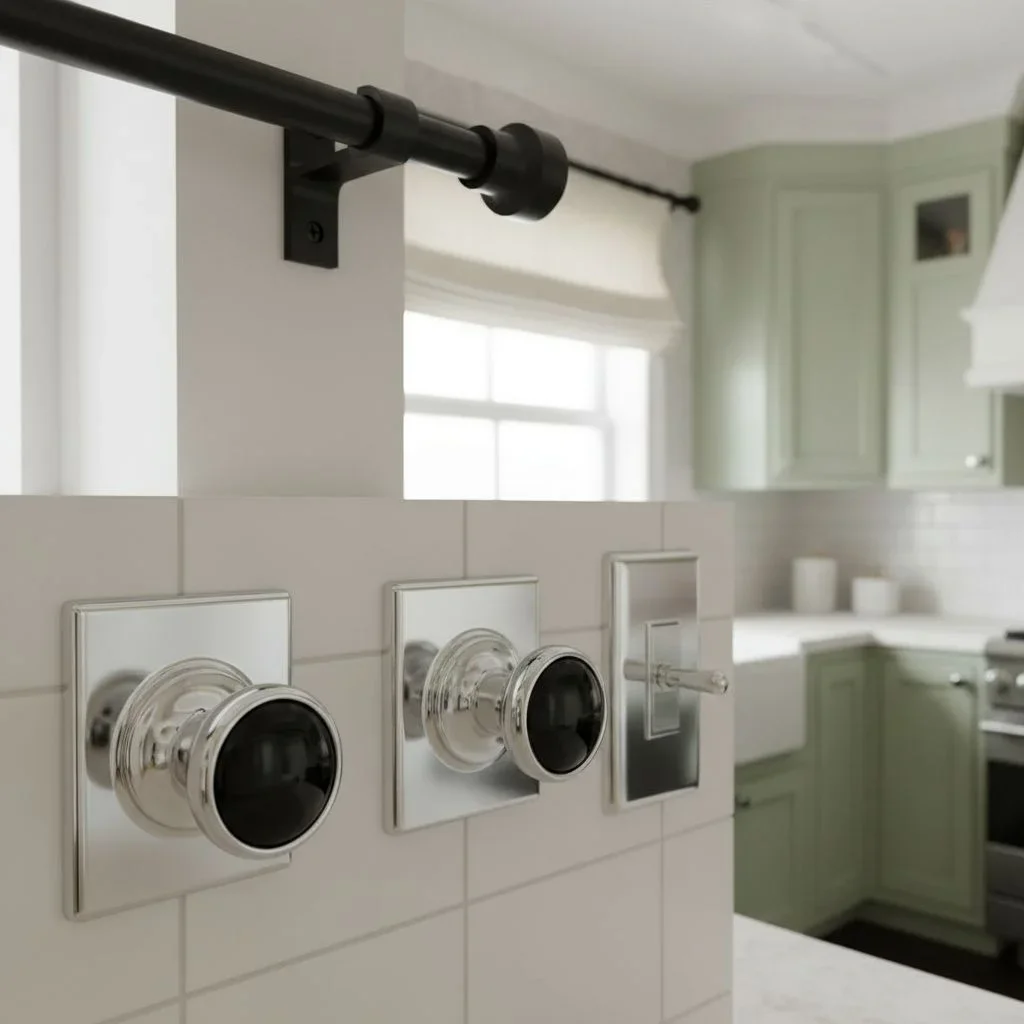 Close-up of 1930s glass and chrome hardware