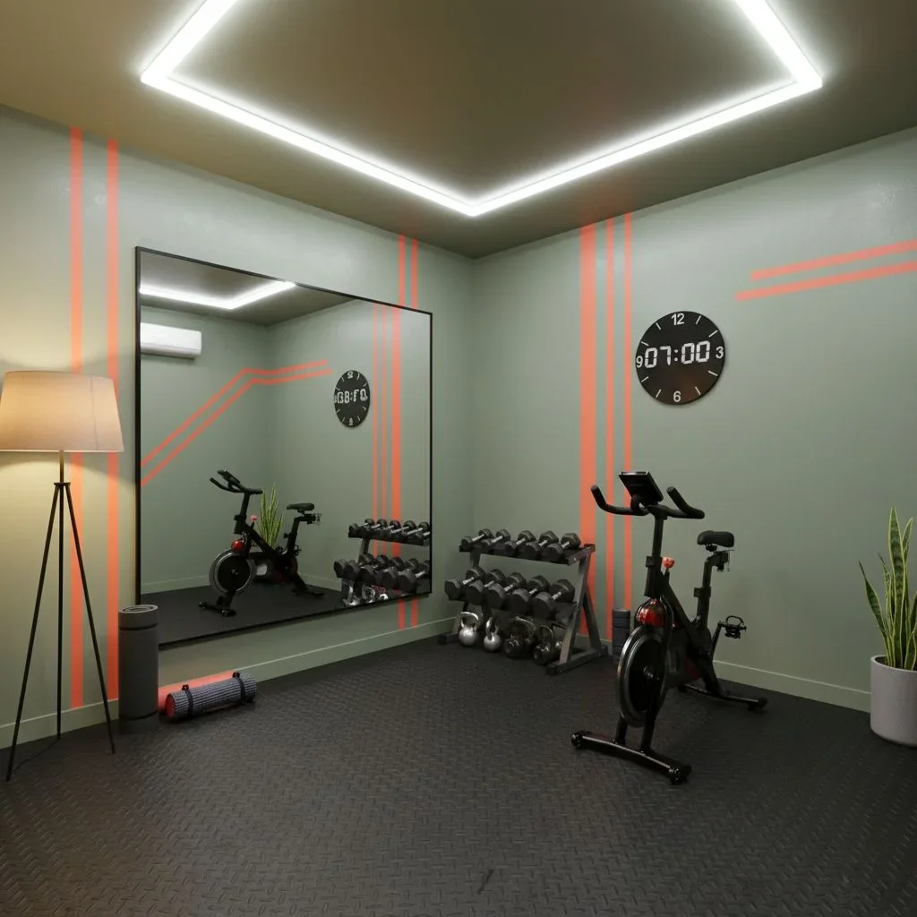 Realistic home gym with sage walls, orange accents, and rubber floor