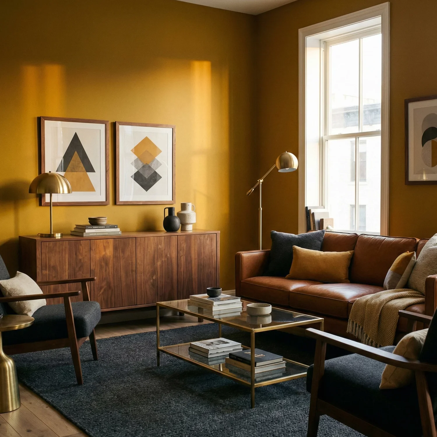Mid-century living room with leather sofa and mustard walls