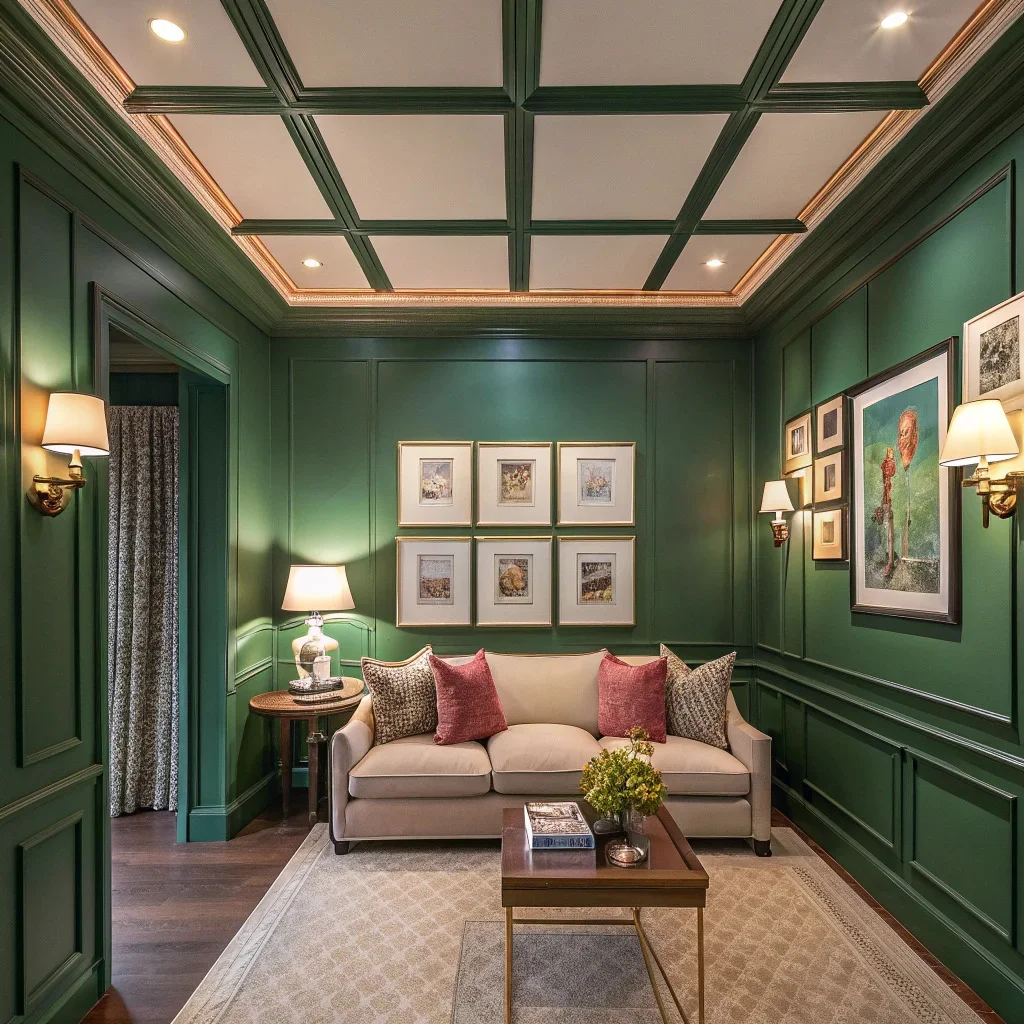 Room with a colored ceiling, contrast dark trim, and a coordinating gallery wall of framed art and photo tiles.