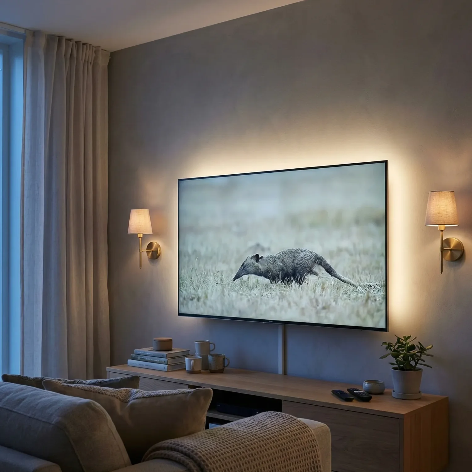 Cozy evening living room with TV and warm wall sconces.