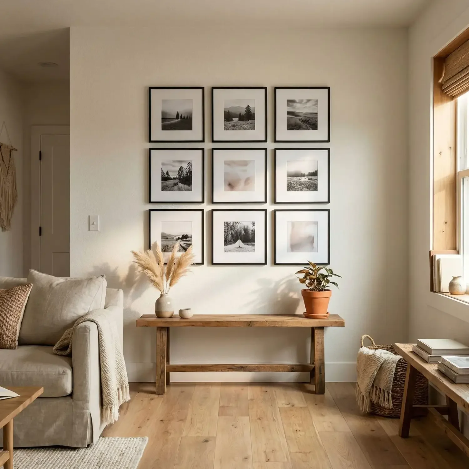 3x3 framed photo grid above console in living room