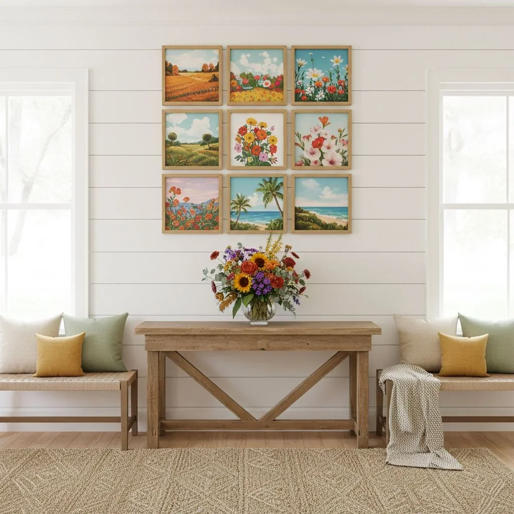 Farmhouse shiplap wall with classic Mixtiles display