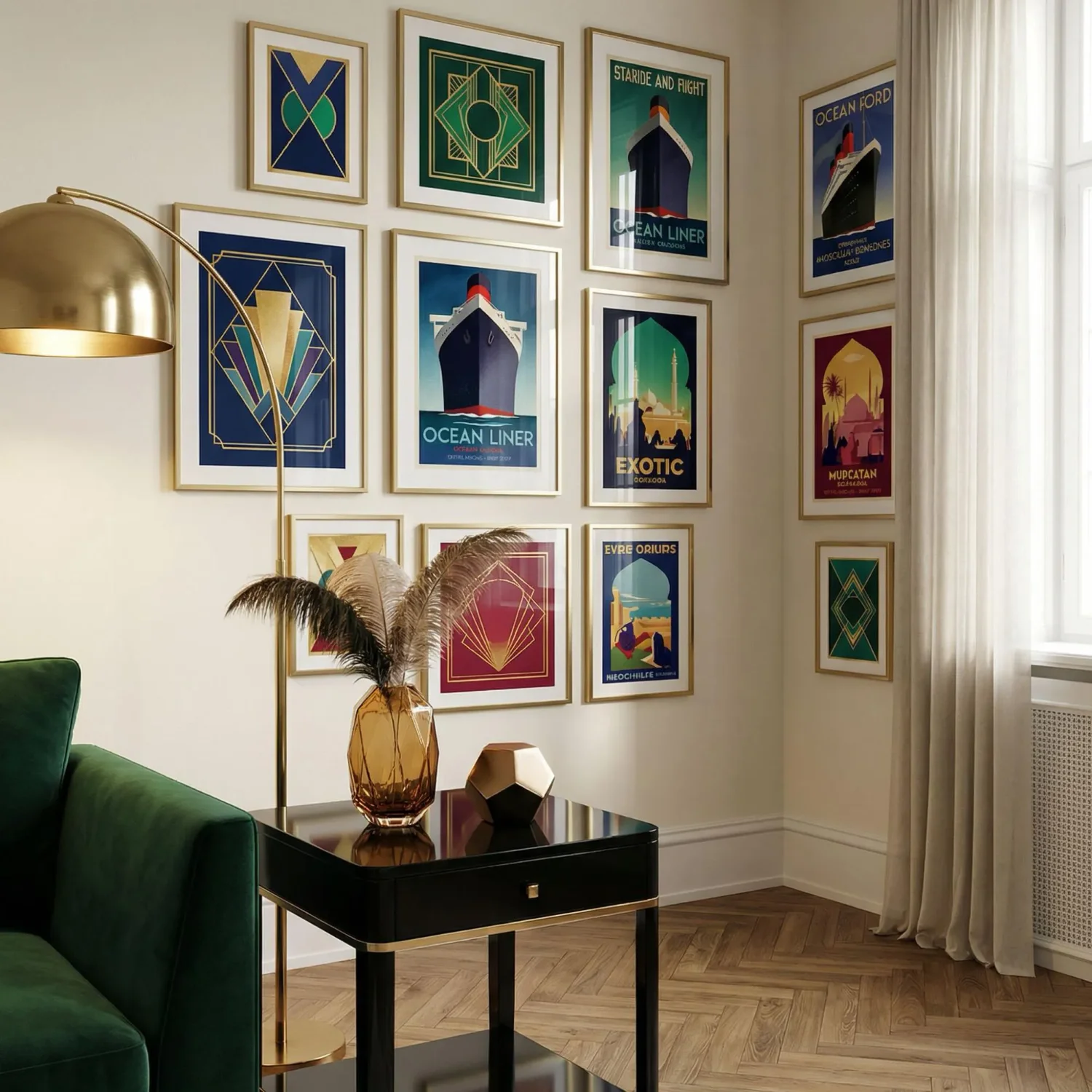 Art Deco framed prints on glamorous gallery wall