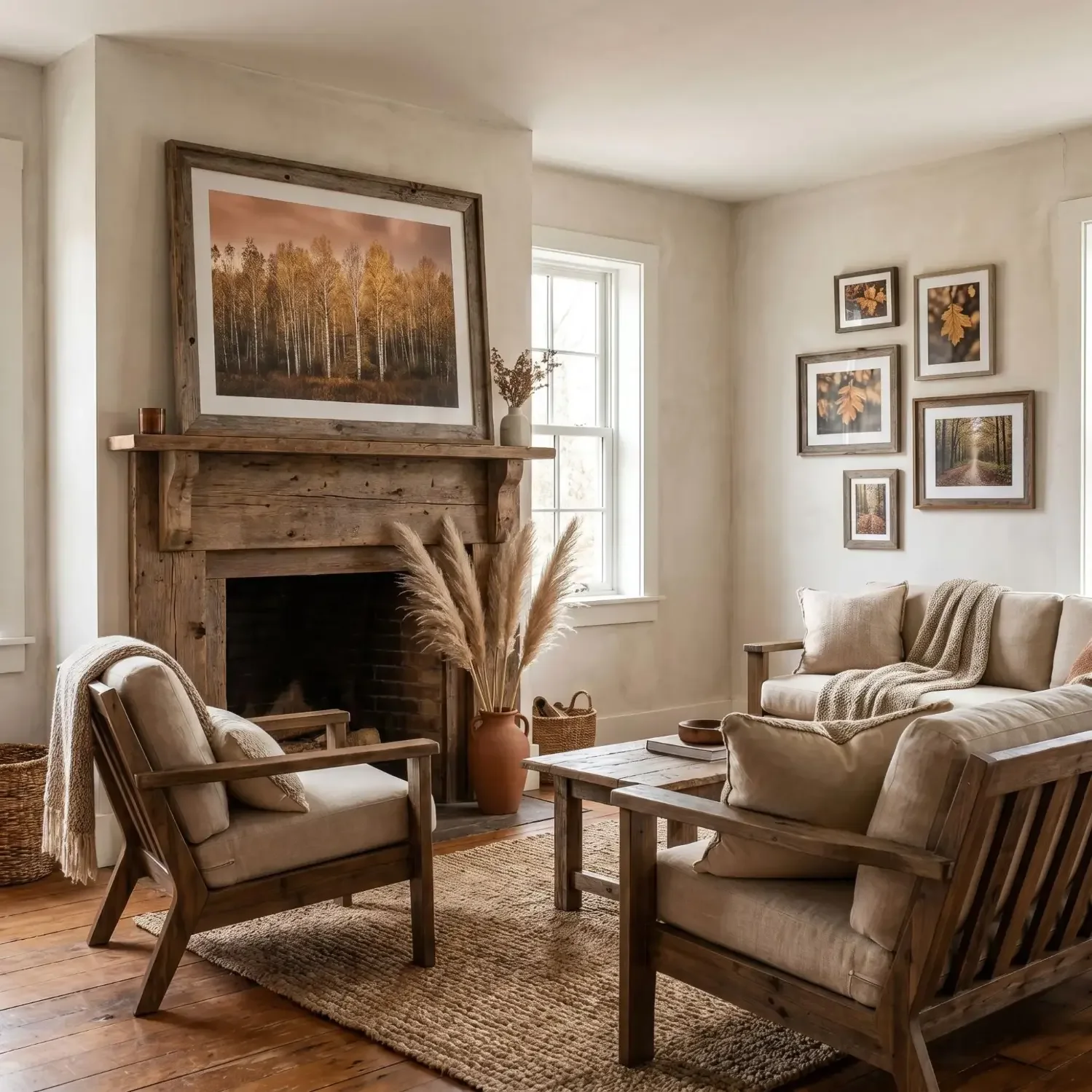 Birch tree wall art above rustic farmhouse mantle