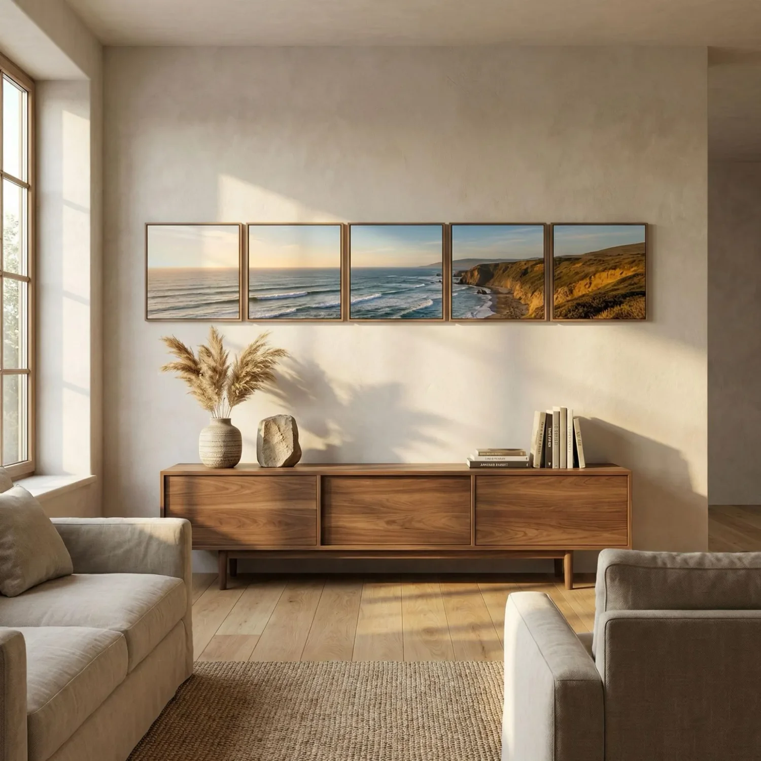 Panoramic landscape framed photos above console table