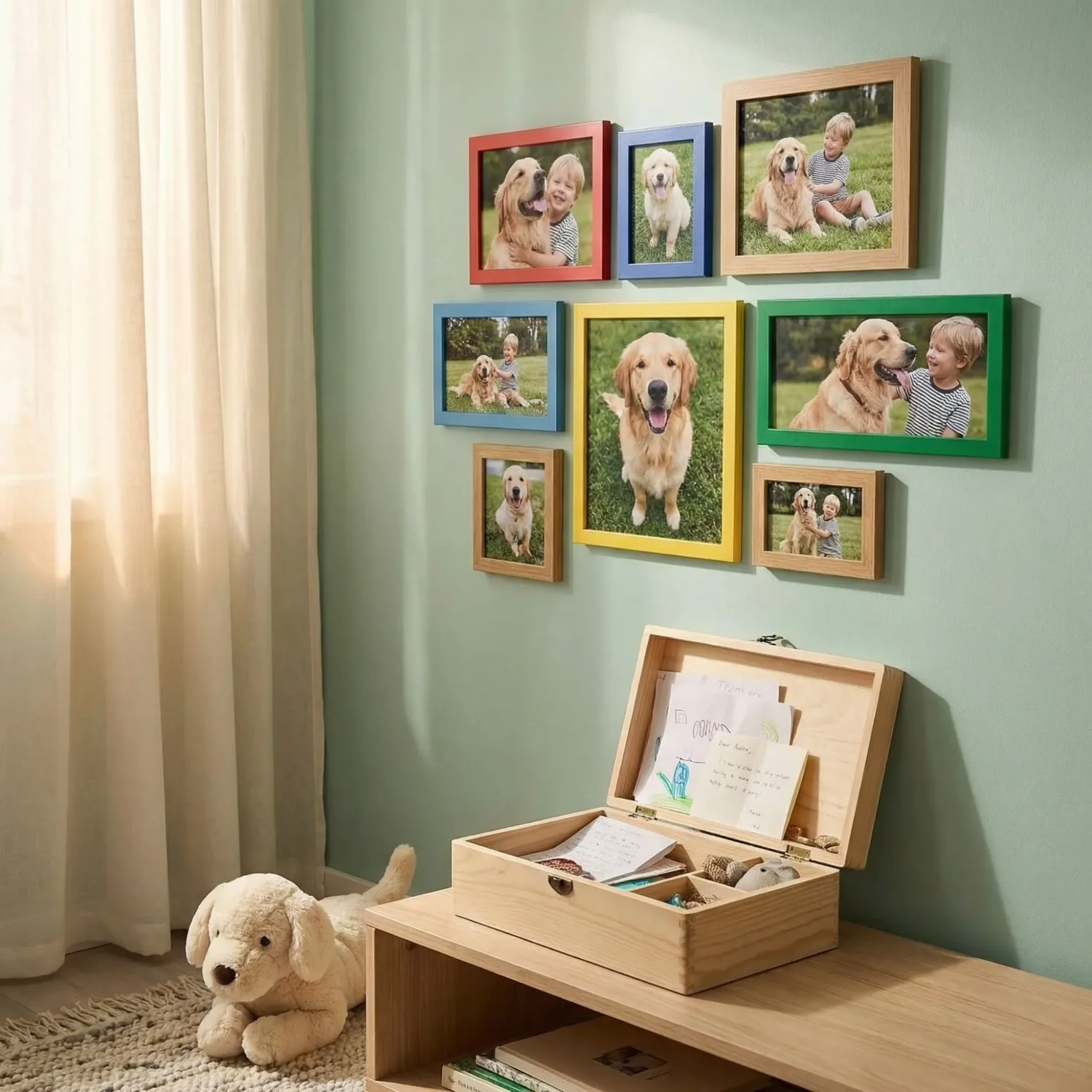 Child's room with framed dog photos at eye level